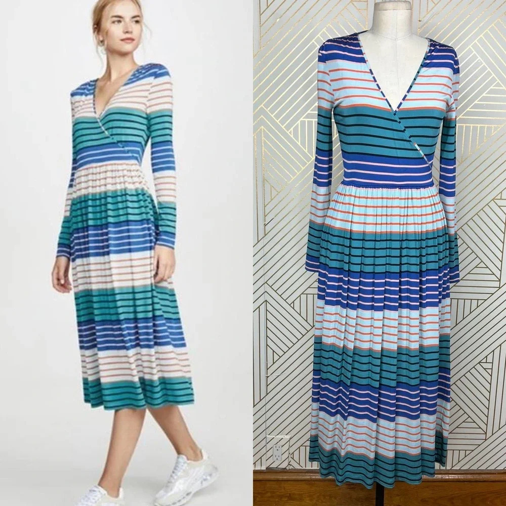 Stine Goya Alina Light Jersey Striped Maxi Dress Blue Green Size US XXS